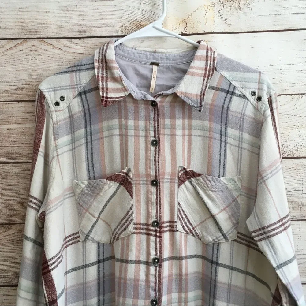 ‎FREE PEOPLE LINEN BLEND PLAID SHIRT